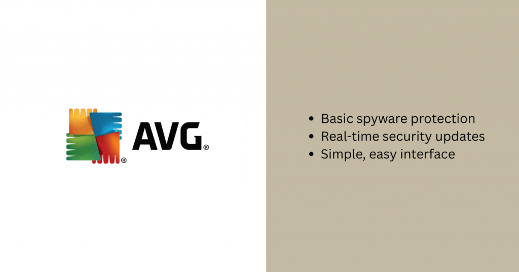 AVG Anti-Spyware software logo with key features including basic protection and real-time security updates