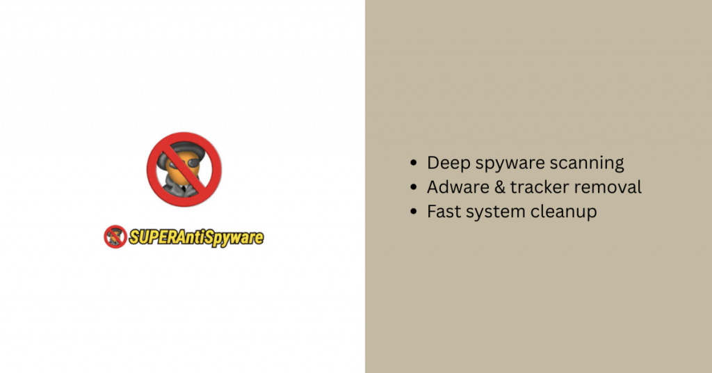 SUPERAntiSpyware software logo showcasing deep spyware scanning and adware removal features