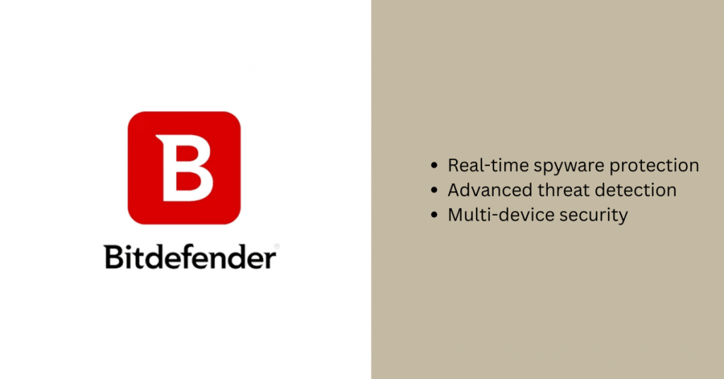 Bitdefender anti-spyware software logo highlighting real-time protection and advanced threat detection