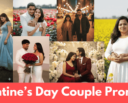 Romantic Valentine’s Day couple photos featuring proposal, candlelight date, rose bouquet, and outdoor love scenes