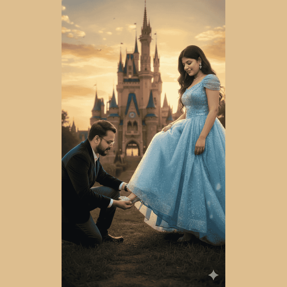 Man proposing to woman in blue gown in front of castle during golden sunset – romantic fairytale proposal scene