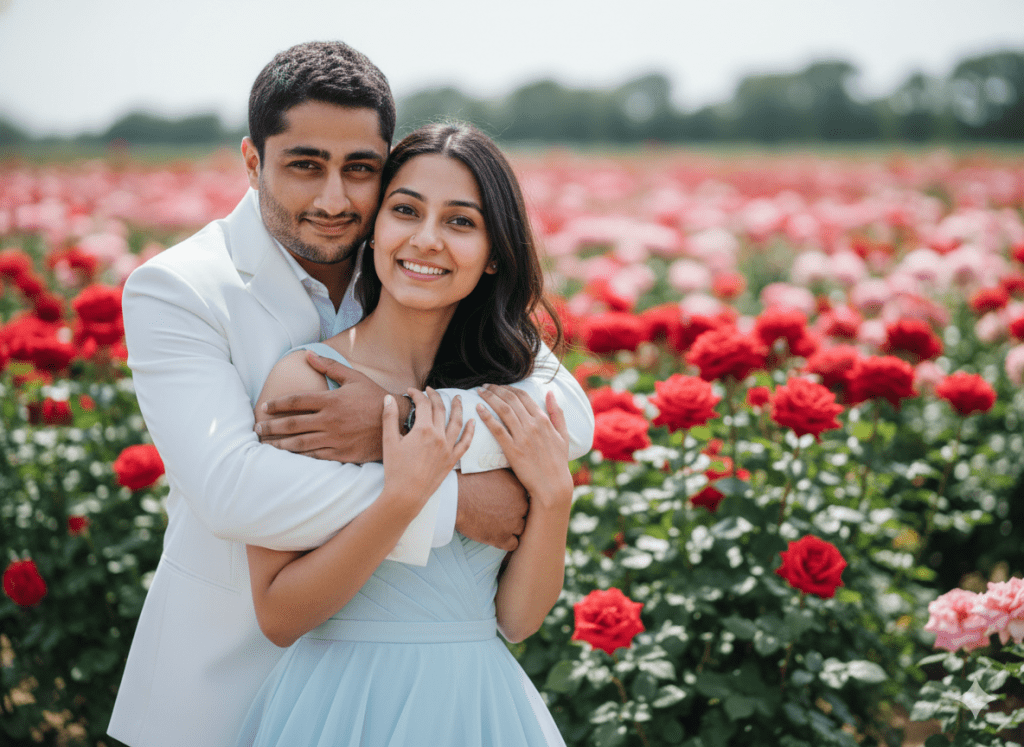 Happy couple hugging in blooming rose garden field – romantic outdoor Valentine’s Day portrait