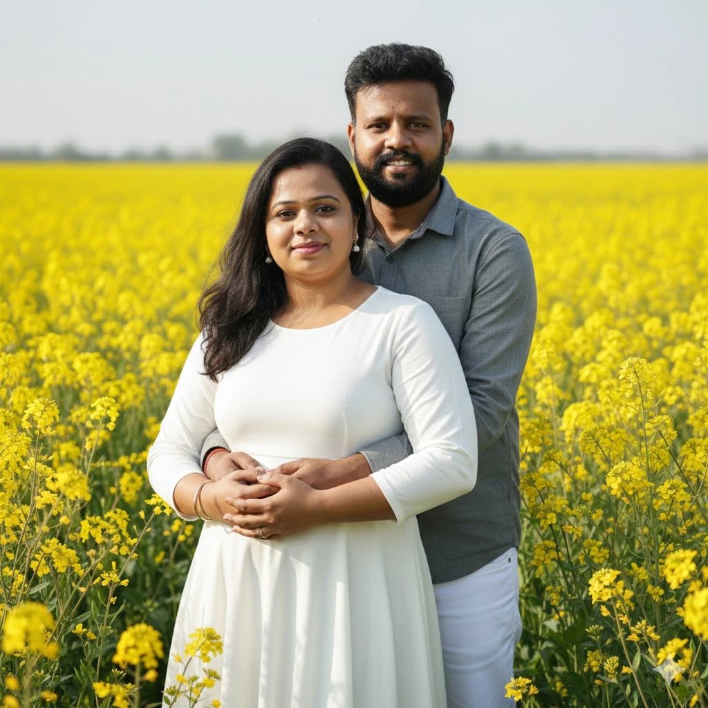 Couple posing together in yellow mustard flower field romantic countryside pre-wedding style photoshoot