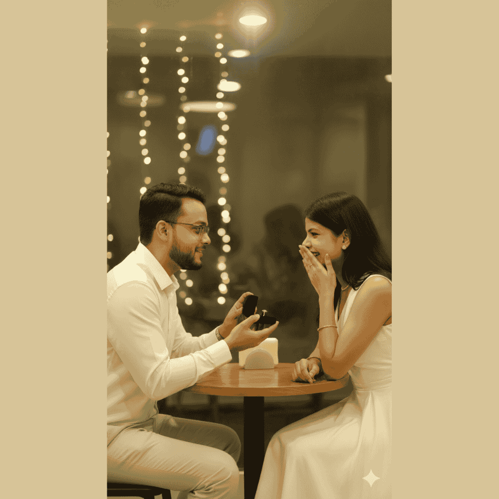 Man proposing with ring at candlelight dinner while woman reacts emotionally – romantic indoor engagement moment