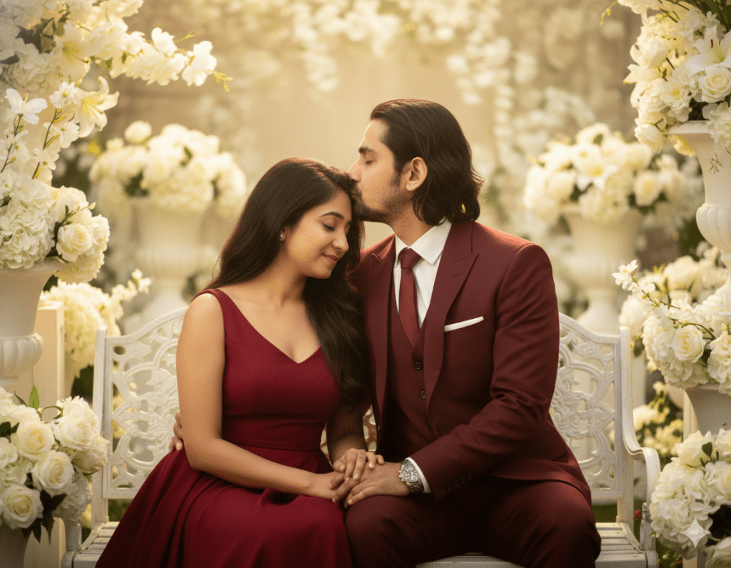 Romantic couple in matching burgundy outfits sitting on floral bench as man kisses woman’s forehead – elegant engagement photoshoot