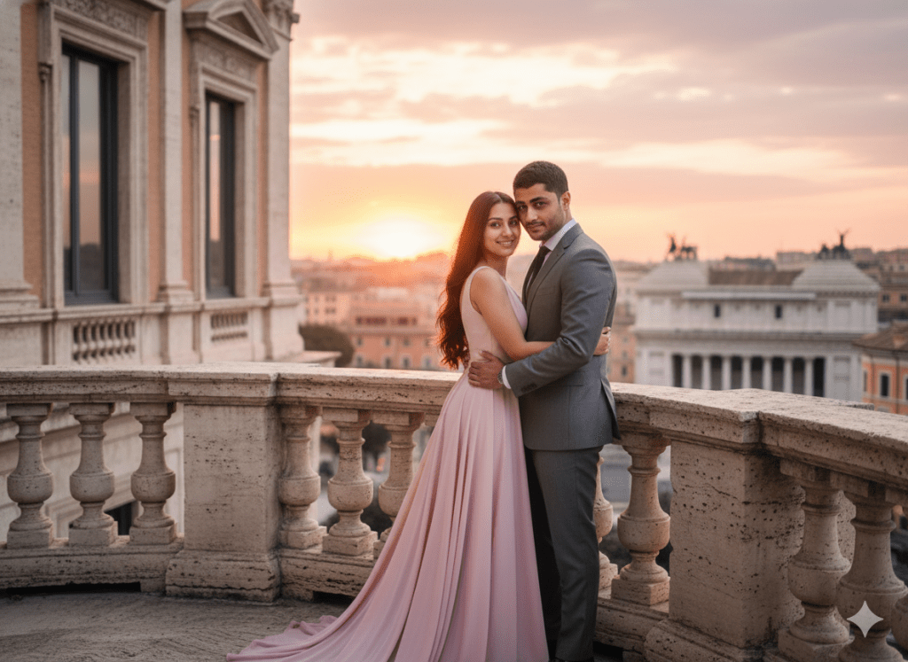 Couple embracing on balcony during sunset with city skyline view – romantic pre-wedding photoshoot at golden hour