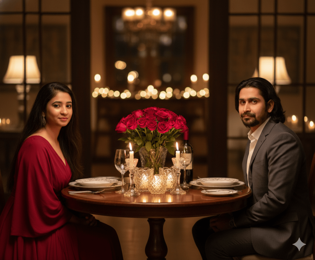 Couple enjoying candlelight dinner with red roses and wine – intimate Valentine’s Day date night setup