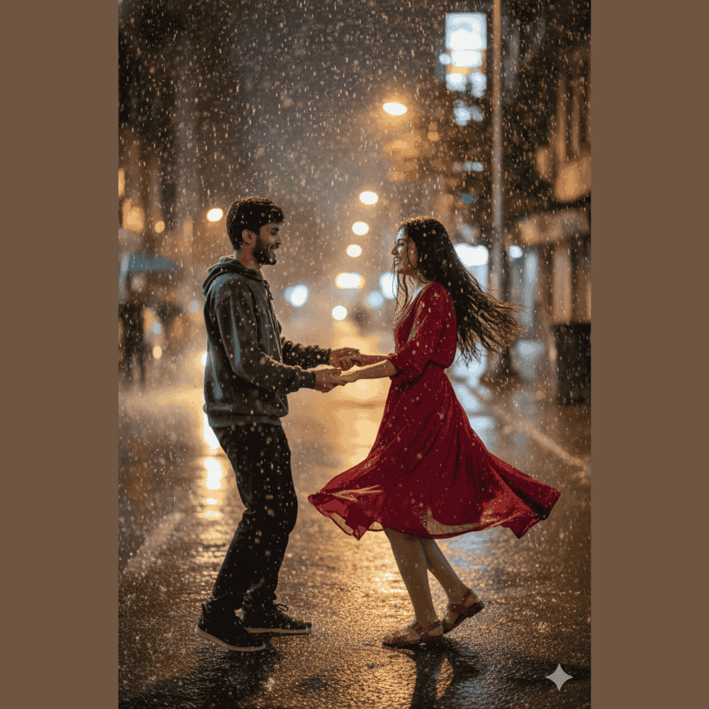 Couple dancing in the rain on city street at night – romantic cinematic love scene in red dress