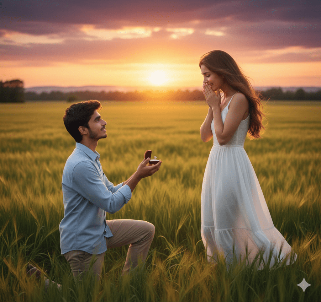 Man proposing on one knee in golden field at sunset while woman reacts emotionally – romantic outdoor proposal scene