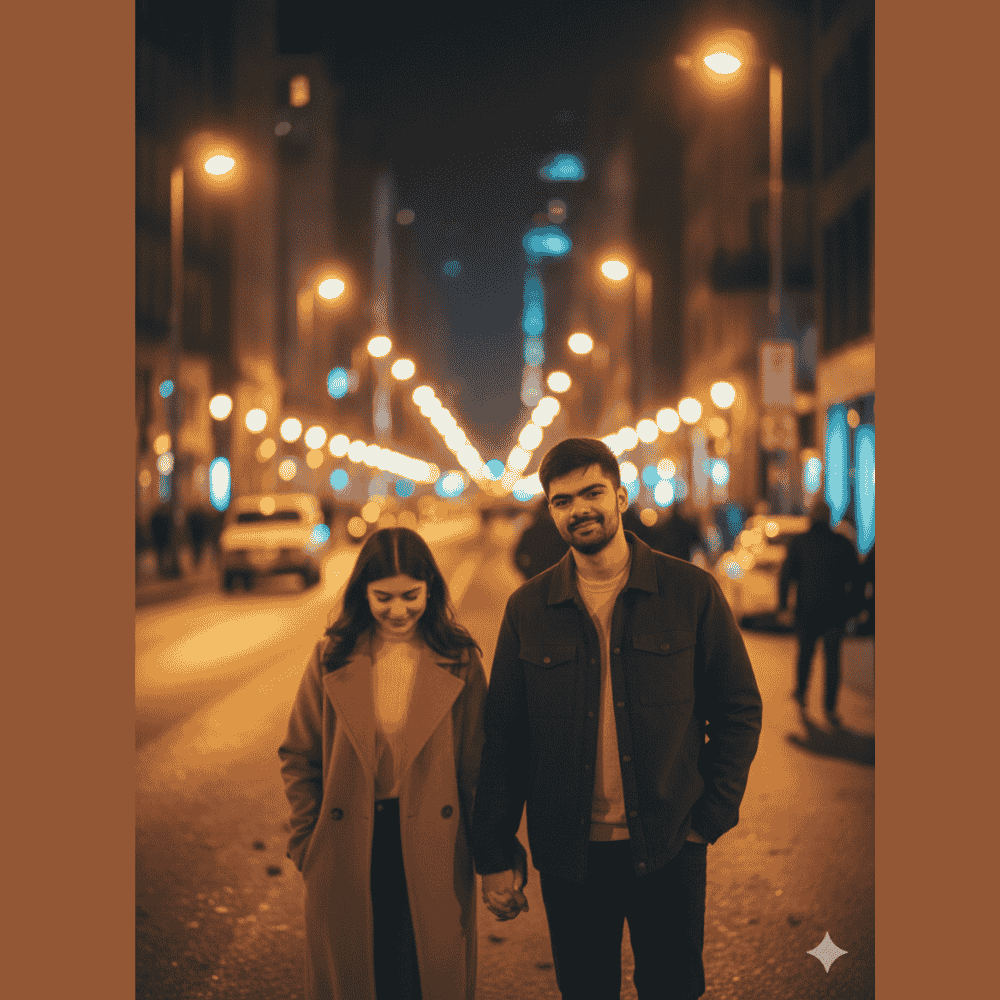Couple holding hands and walking on city street at night with glowing lights – romantic evening date vibe
