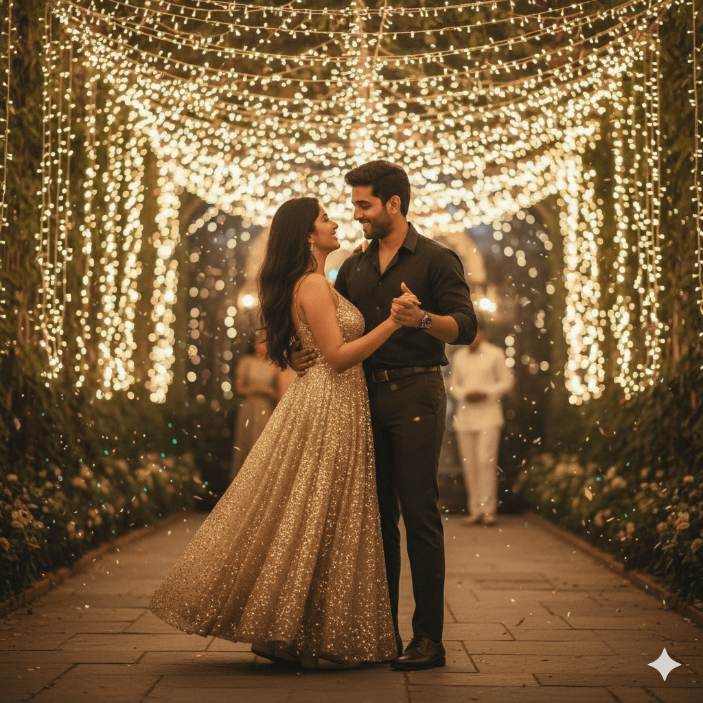 Couple dancing under fairy lights in garden walkway – dreamy romantic evening celebration scene