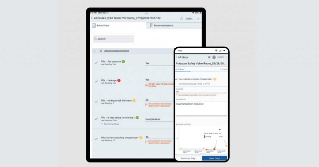 GE Vernova asset performance management mobile app displaying pressure safety valve inspection data and route steps