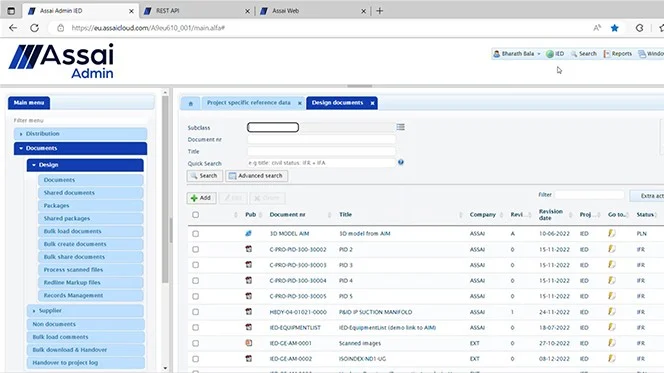 AVEVA asset management admin dashboard showing document control, project reference data, and design documents interface