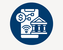 Digital payment gateway icon showing smartphone with dollar symbol, bank building, and contactless payment signal representing online transactions and fintech processing.