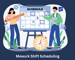 Illustration of two employees planning shifts on a schedule board with calendar grid, clock, and checklist icons, representing Mewurk shift scheduling software.