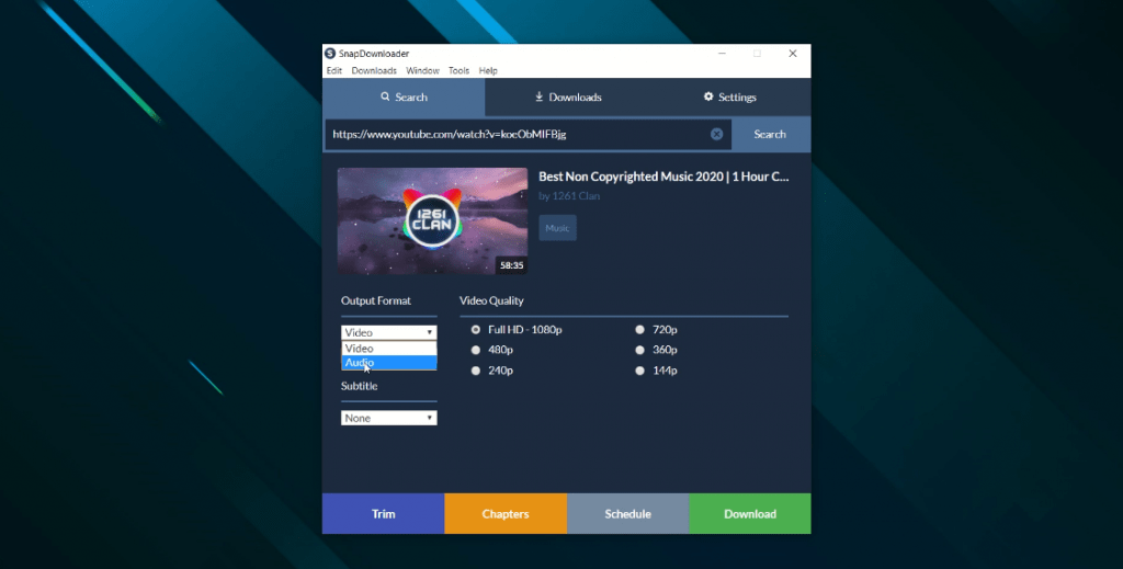 SnapDownloader desktop interface with video quality selection options including 1080p, 720p, and 480p download settings.