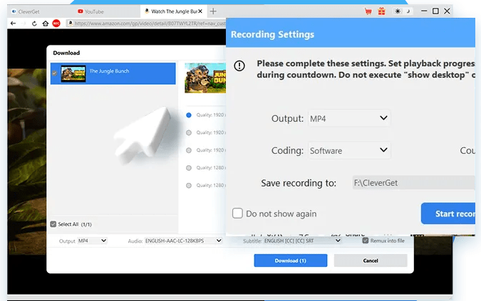 CleverGet video downloader interface displaying recording settings, MP4 output selection, and download options.