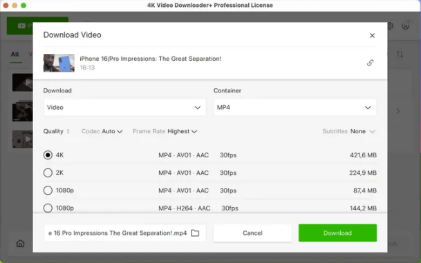 4K Video Downloader professional license interface showing video quality options including 4K, 2K, and 1080p MP4 download settings.