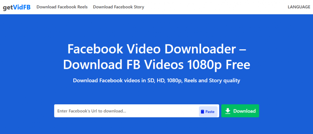 GetVidFB Facebook Video Downloader homepage showing 1080p video download option and Facebook URL paste field.