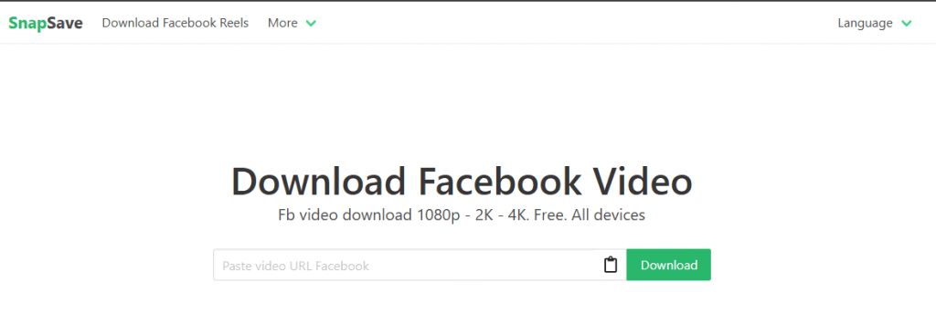 SnapSave Facebook video downloader webpage offering 1080p, 2K, and 4K video download options with URL input field.