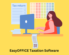 EasyOFFICE Taxation Software illustration showing a woman filing tax returns on a desktop computer with tax form, financial chart, and printed receipt with QR code.