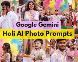 Google Gemini Holi AI photo prompts banner featuring people celebrating Holi festival with colorful powder, vibrant backgrounds, and festive moments collage.