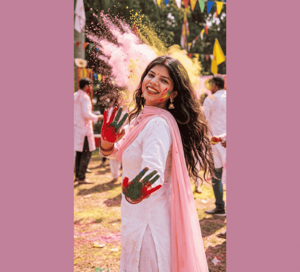 Smiling woman in white kurta celebrating Holi with colorful powder on hands and vibrant gulal burst in the background.