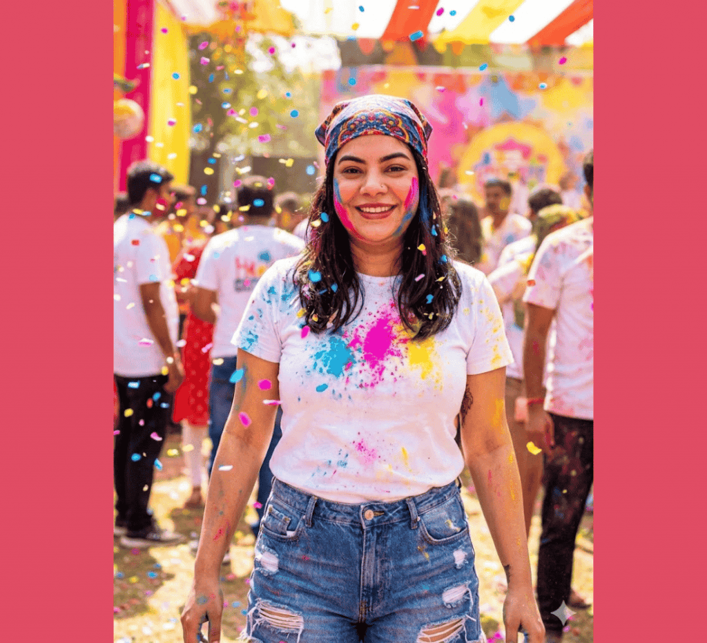 Happy woman in white t-shirt and jeans enjoying Holi festival with colorful confetti and powder in the air.