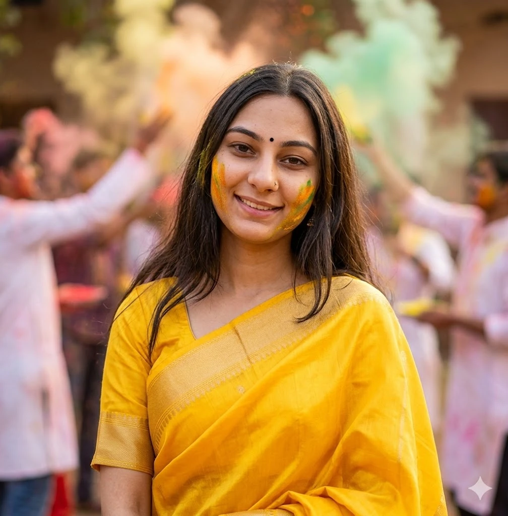 Woman in yellow saree with Holi colors on face smiling during traditional Holi celebration with festive background.