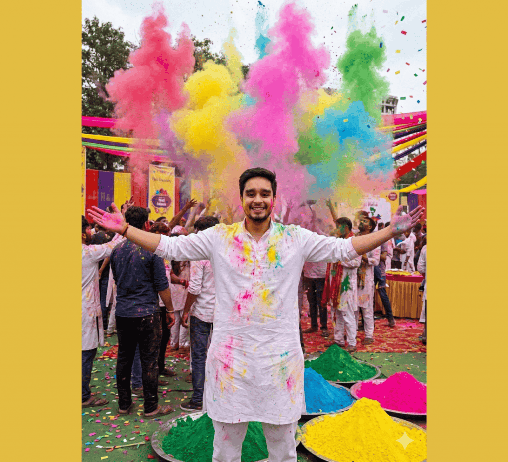 Young man in white kurta celebrating Holi with arms wide open as colorful powder explodes behind him.