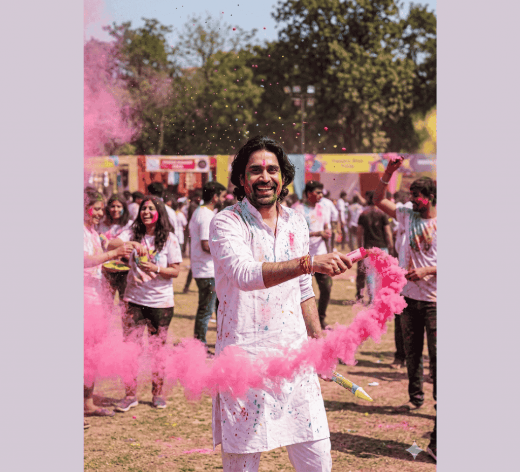 Man playing Holi with pink color smoke flare surrounded by crowd during outdoor Holi festival event.