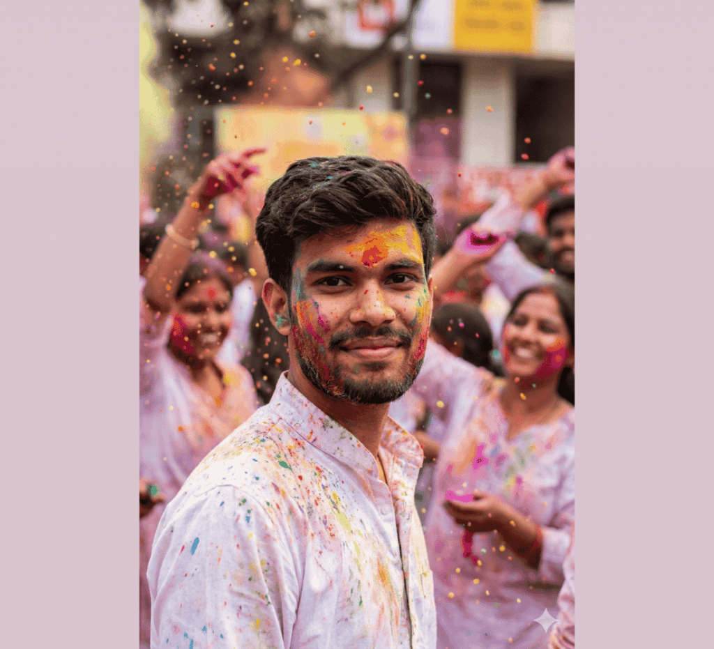 Close-up portrait of man with face covered in vibrant Holi colors smiling during festive celebration with crowd behind.