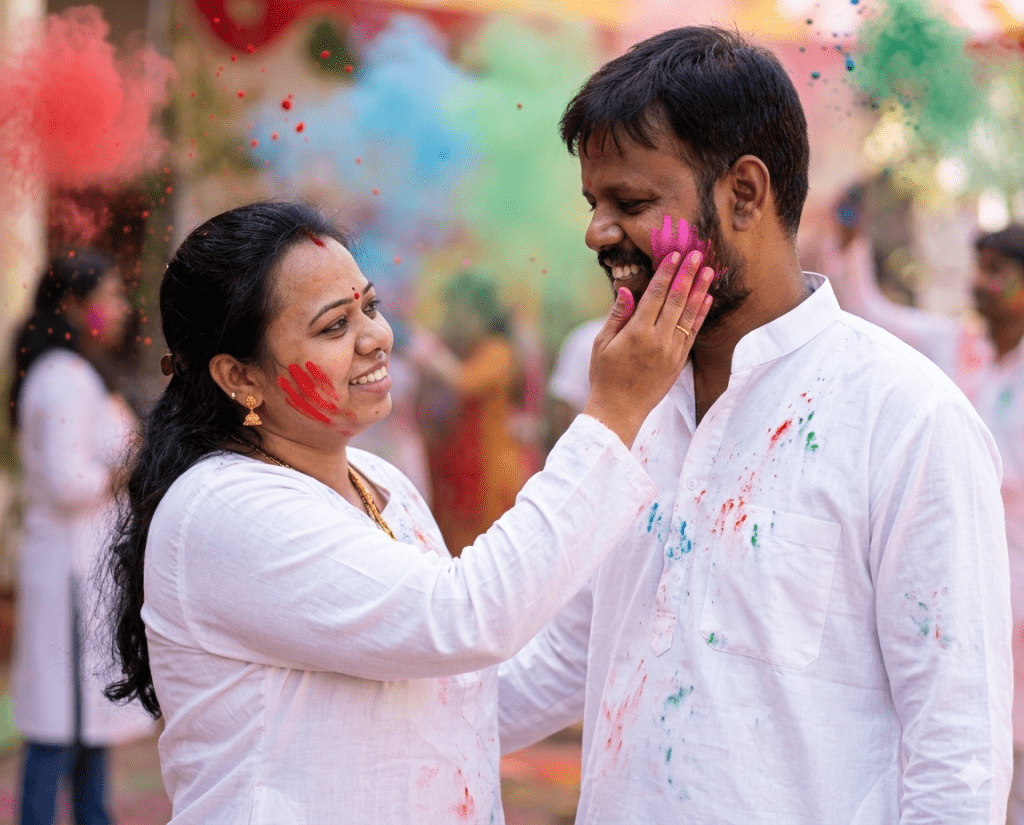 Woman applying pink gulal on man’s face during Holi celebration with colorful powder in the background.