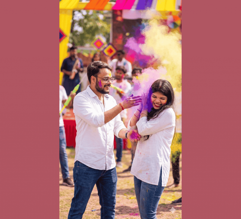 Young couple laughing as they play with purple and yellow colors at outdoor Holi festival event.