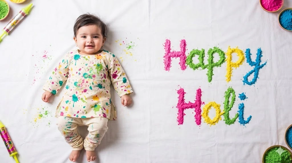 Cute baby lying on white sheet with colorful paint splashes and Happy Holi text made from gulal powder.
