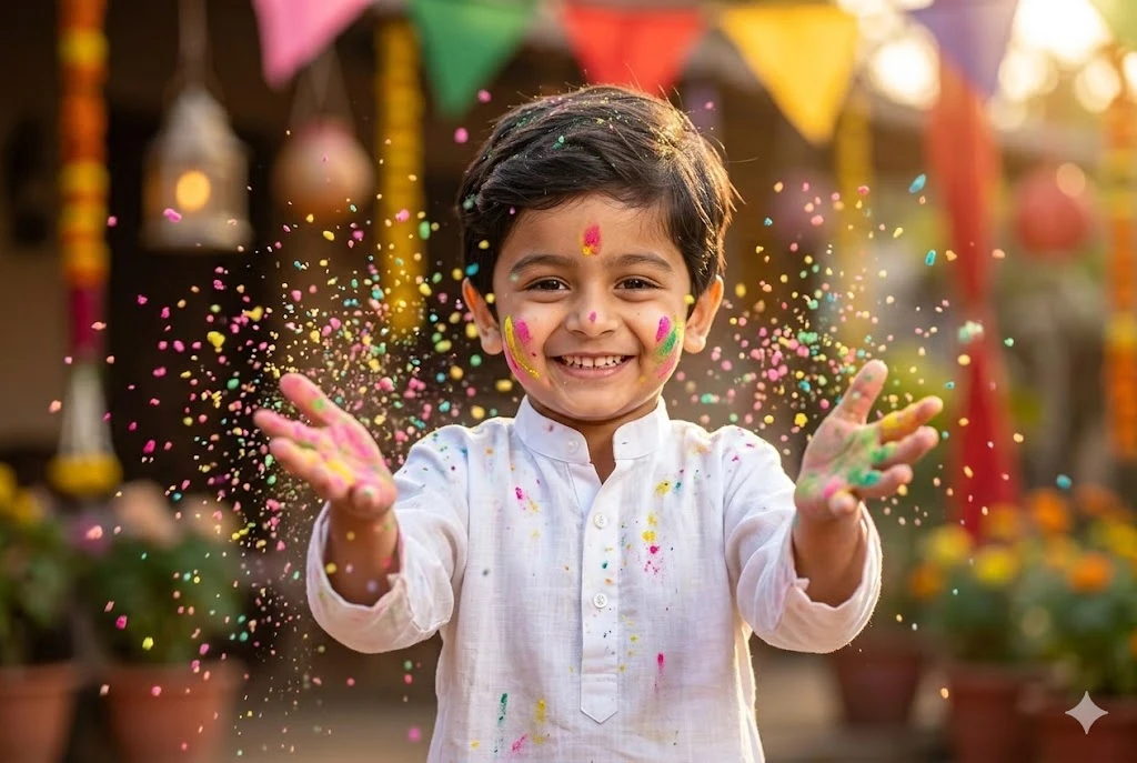 Smiling child throwing colorful Holi powder in the air while wearing white kurta during festival celebration.