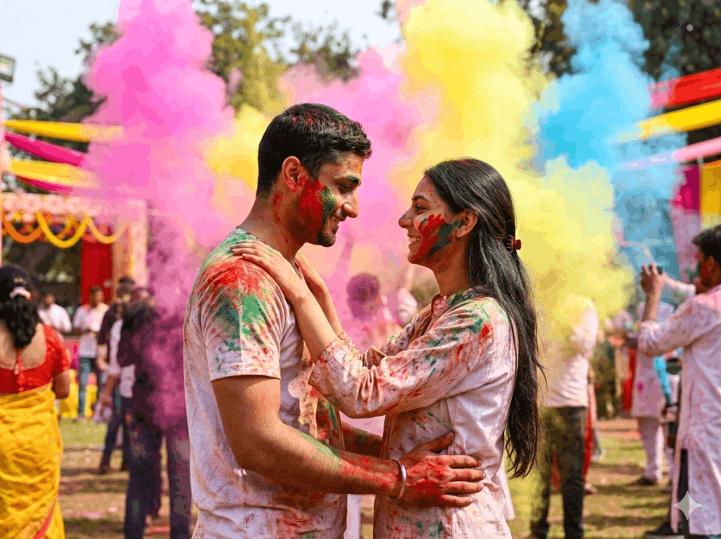 Romantic couple covered in vibrant Holi colors smiling at each other with bright powder clouds behind.