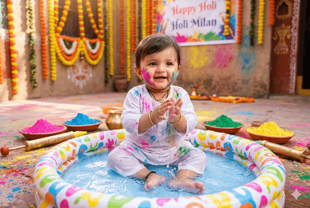 Happy baby sitting in small water pool surrounded by colorful gulal bowls during Holi Milan celebration.
