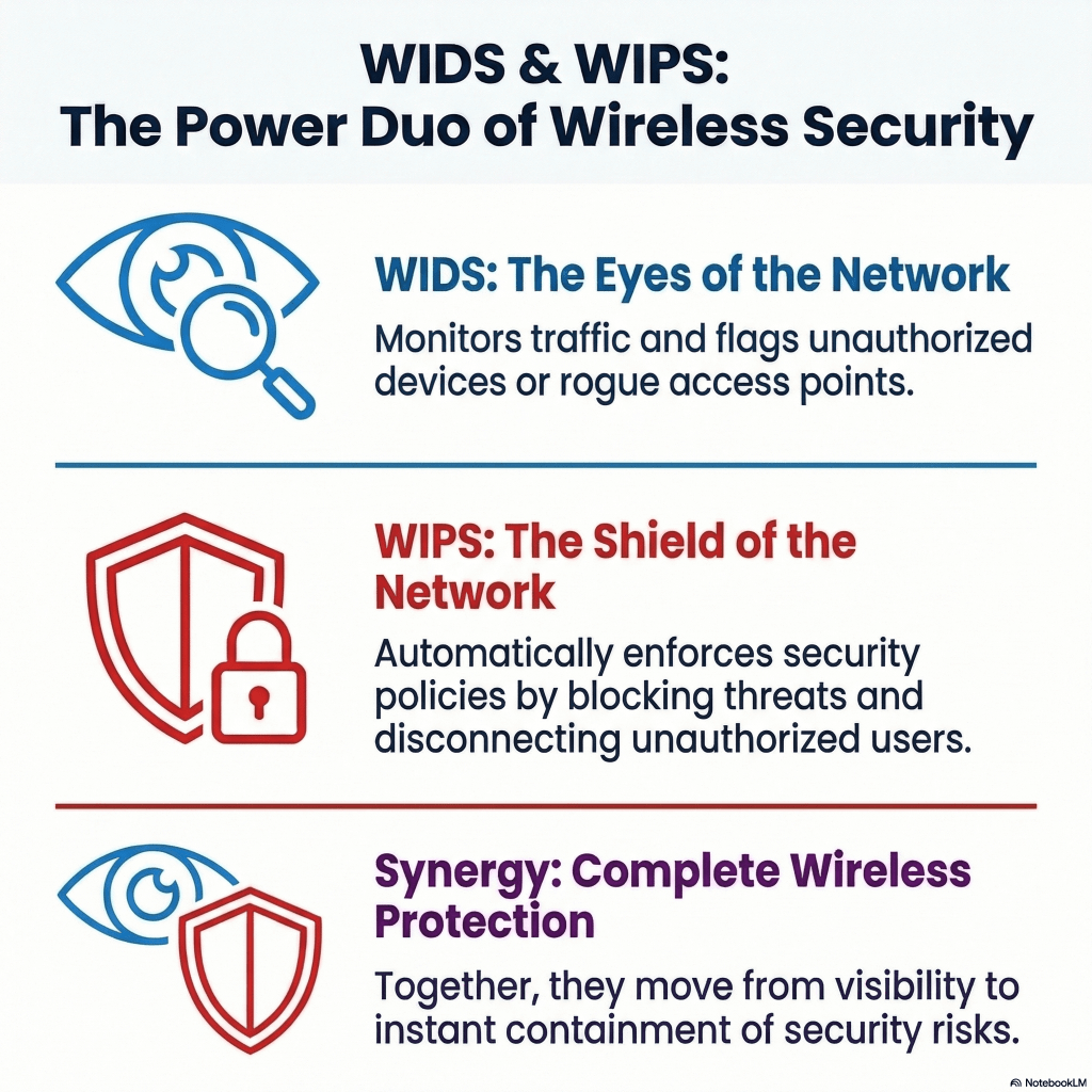 Infographic explaining WIDS and WIPS in wireless security, showing WIDS monitoring network traffic and WIPS blocking unauthorized devices for complete Wi-Fi protection.