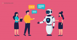 AI meeting assistant robot helping recruiters during virtual interview discussion with team members and chat icons.