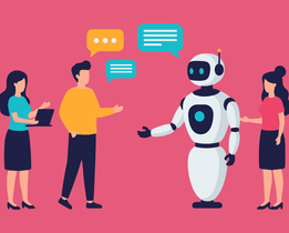 AI meeting assistant robot helping recruiters during virtual interview discussion with team members and chat icons.