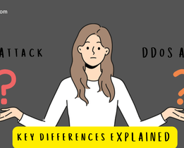 Illustration showing the difference between DoS attack and DDoS attack, with a confused person holding question marks and text Key Differences Explained.