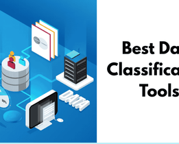 Best data classification tools illustration showing connected databases, laptops, servers, and AI-driven data management concept.