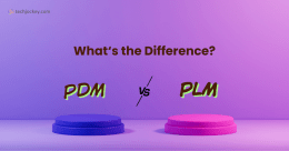 PDM vs PLM comparison graphic showing key differences between product data management and product lifecycle management systems.