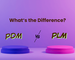 PDM vs PLM comparison graphic showing key differences between product data management and product lifecycle management systems.