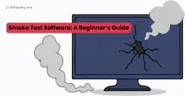 Smoke test software concept illustration showing a cracked computer screen with smoke, representing early software build failure detection.