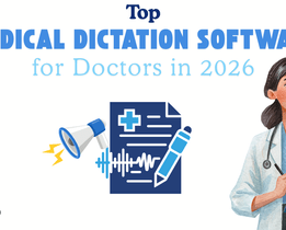 Top medical dictation software for doctors in 2026 illustration showing healthcare voice documentation and clinical note recording tools.