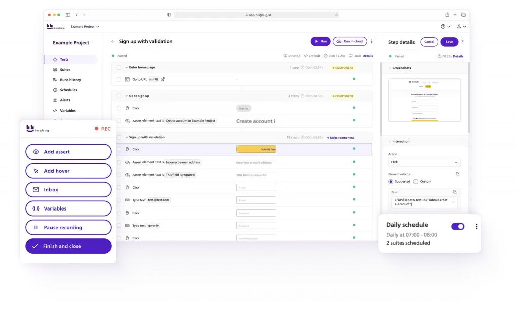 BugBug no-code test automation interface displaying recorded test steps, assertions, and scheduling options