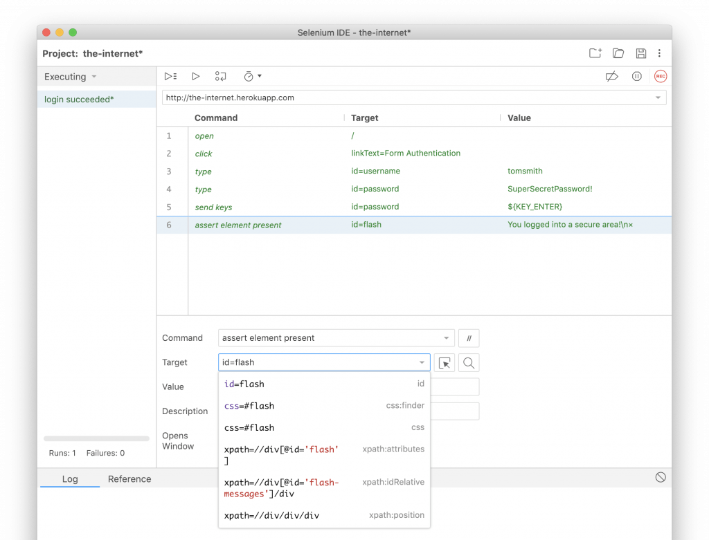 Selenium IDE automation testing window displaying test commands, element locators, and execution logs