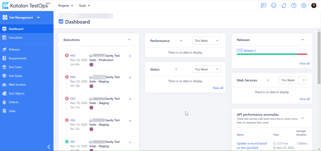 Katalon TestOps dashboard interface showing test executions, releases status, and API performance monitoring